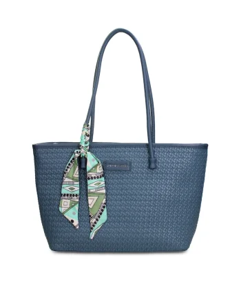 Geanta shopper de piele ecologica cu accesoriu esarfa Emberly Pro, Albastru oceanic