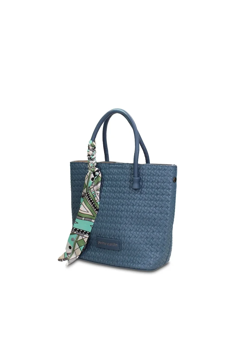 Geanta tote din piele ecologica cu accesoriu esarfa Aveline Lux, Albastru denim