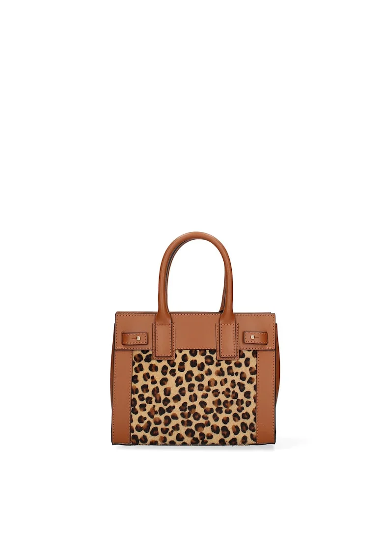 Geanta de piele cu maner si segment de piele intoarsa Oriana Plus, Maro cognac/Multicolor