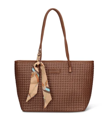 Geanta shopper de piele ecologica cu accesoriu esarfa Emberly Pro, Maro cognac