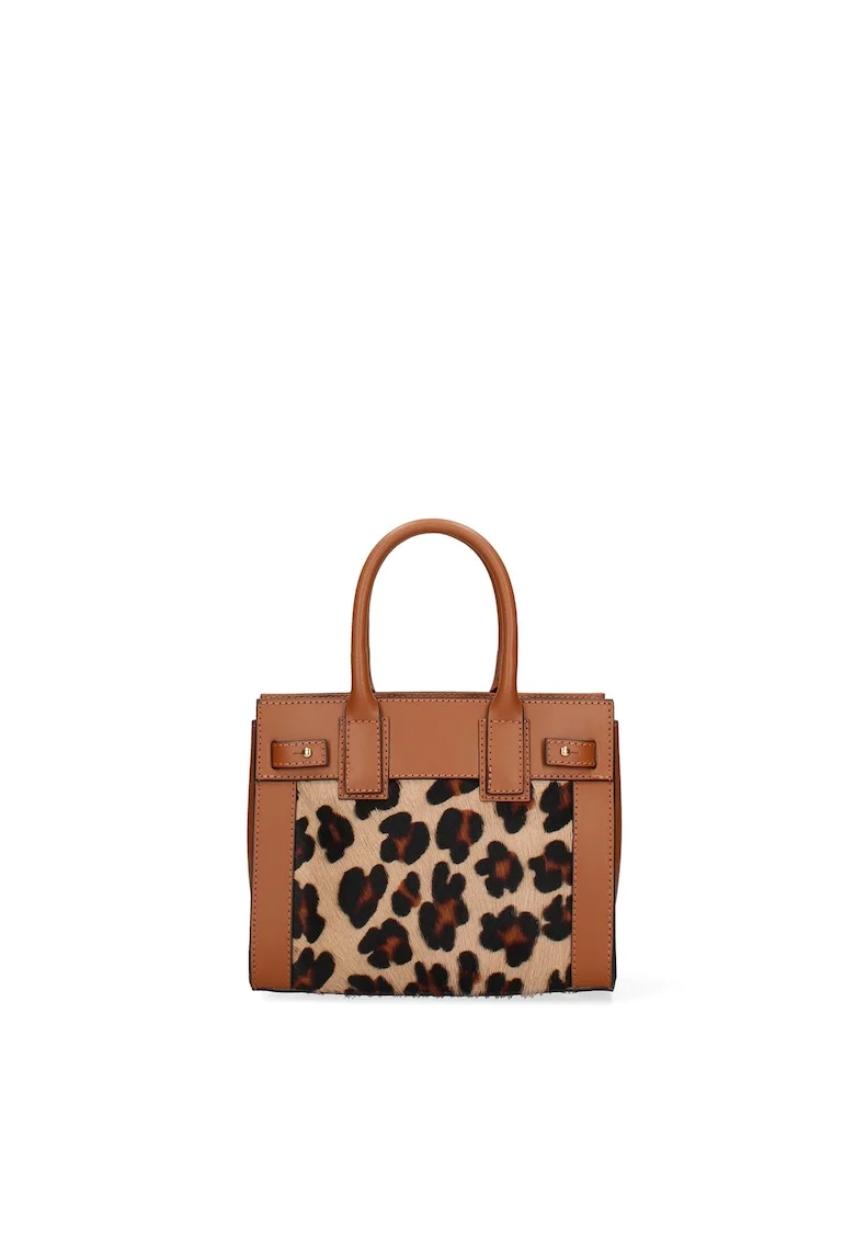 Geanta de piele cu maner si segment de piele intoarsa Oriana Plus, Maro cognac/Negru