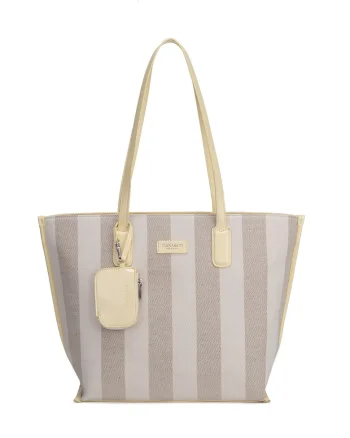 Geanta shopper cu model in dungi Celestea Pro, Gri/Galben