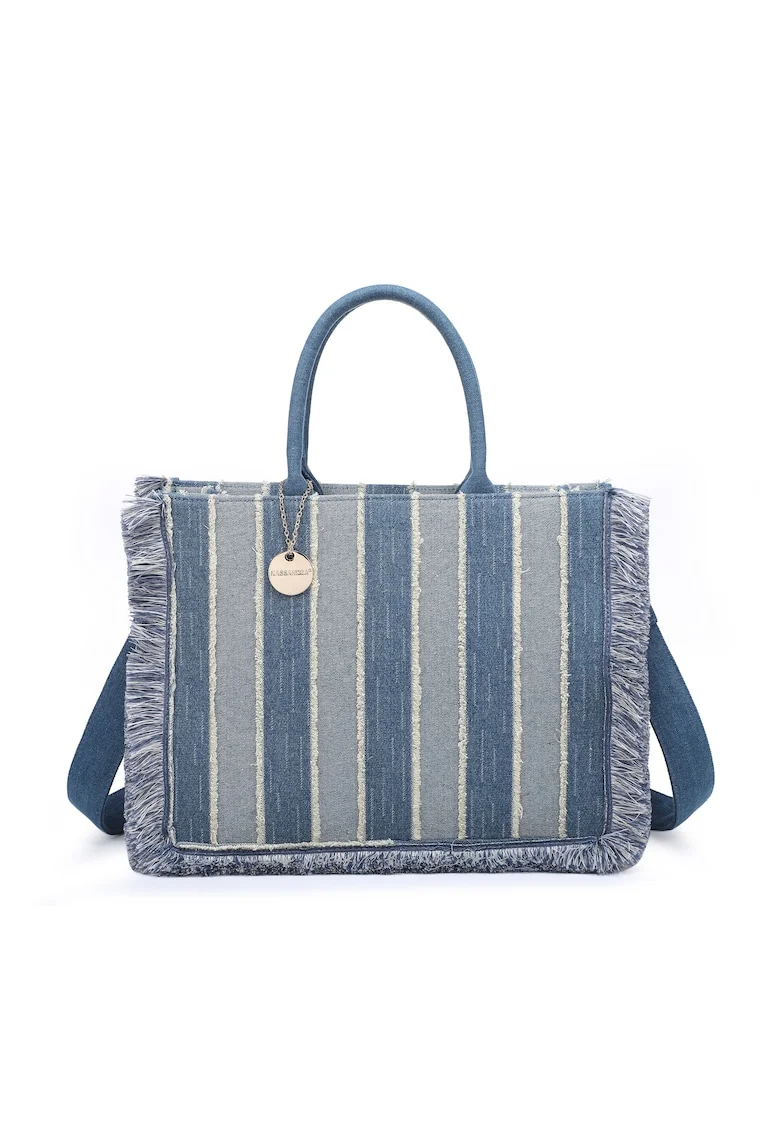 Geanta tote din denim Nevia, Maro taupe/Albastru