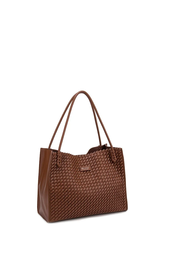 Geanta de piele ecologica cu bareta si aspect tesut Silvana Elite, Caramel