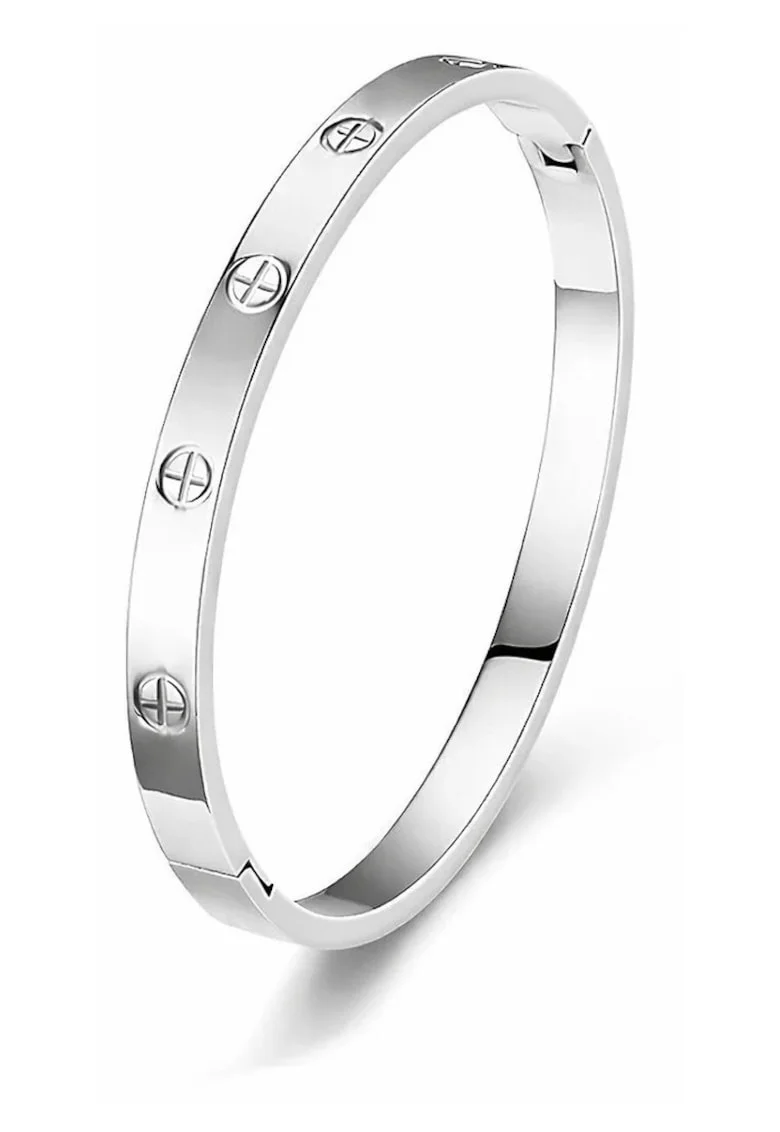 Bratara argintie, tip bangle, din otel inoxidabil, suflata cu aur 18k, Selmira C6