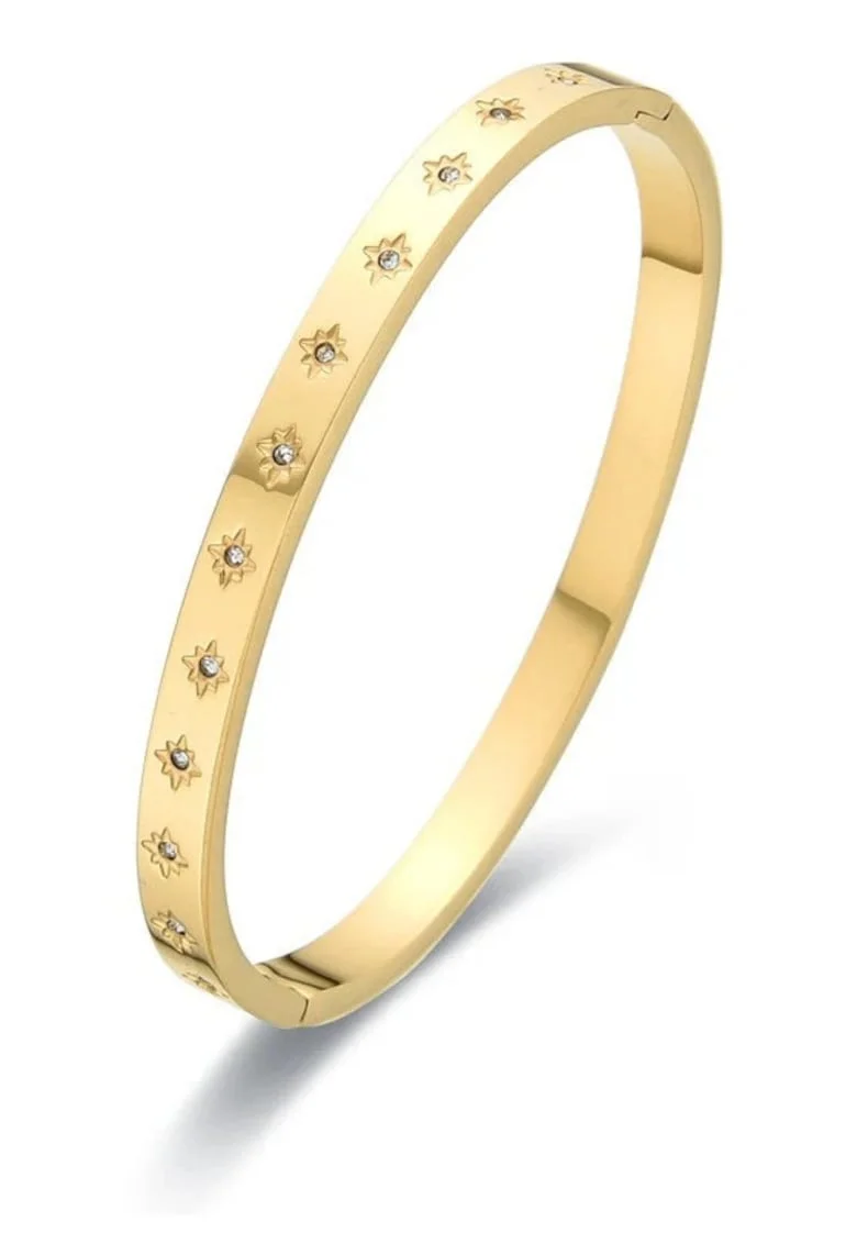 Bratara aurie, tip bangle, din otel inoxidabil, suflata cu aur 18k, cu zirconii, Arlena C1