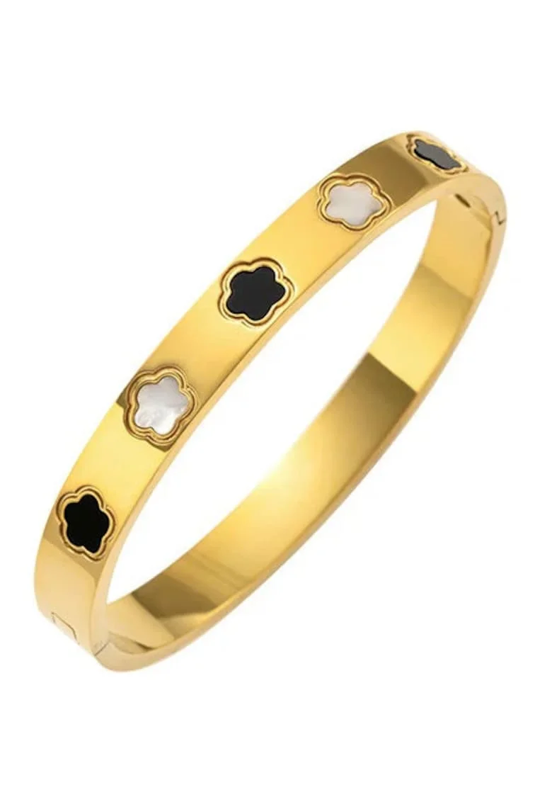 Bratara aurie, tip bangle, din otel inoxidabil, suflata cu aur 18k, cu trifoi, Eloria C1