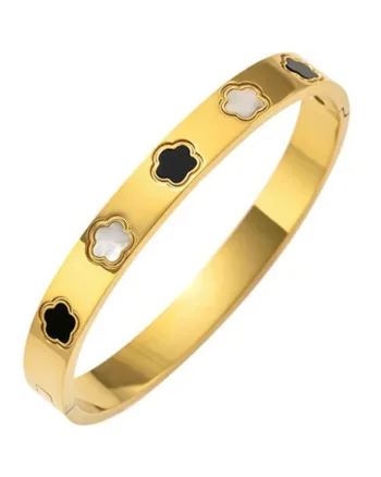 Bratara aurie, tip bangle, din otel inoxidabil, suflata cu aur 18k, cu trifoi, Eloria C1