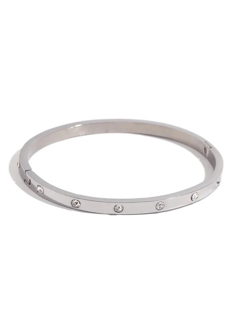Brățară bangle argintie,  din oțel inoxidabil cu aur 18k, cu zirconii, diametru 5.8cm, grosime 3.8mm