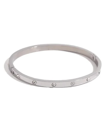 Brățară bangle argintie,  din oțel inoxidabil cu aur 18k, cu zirconii, diametru 5.8cm, grosime 3.8mm