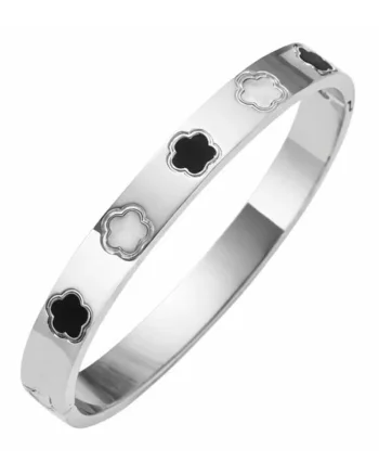 Bratara bangle,  argintie, suflata cu aur 18k, trifoi, 6cm diameter