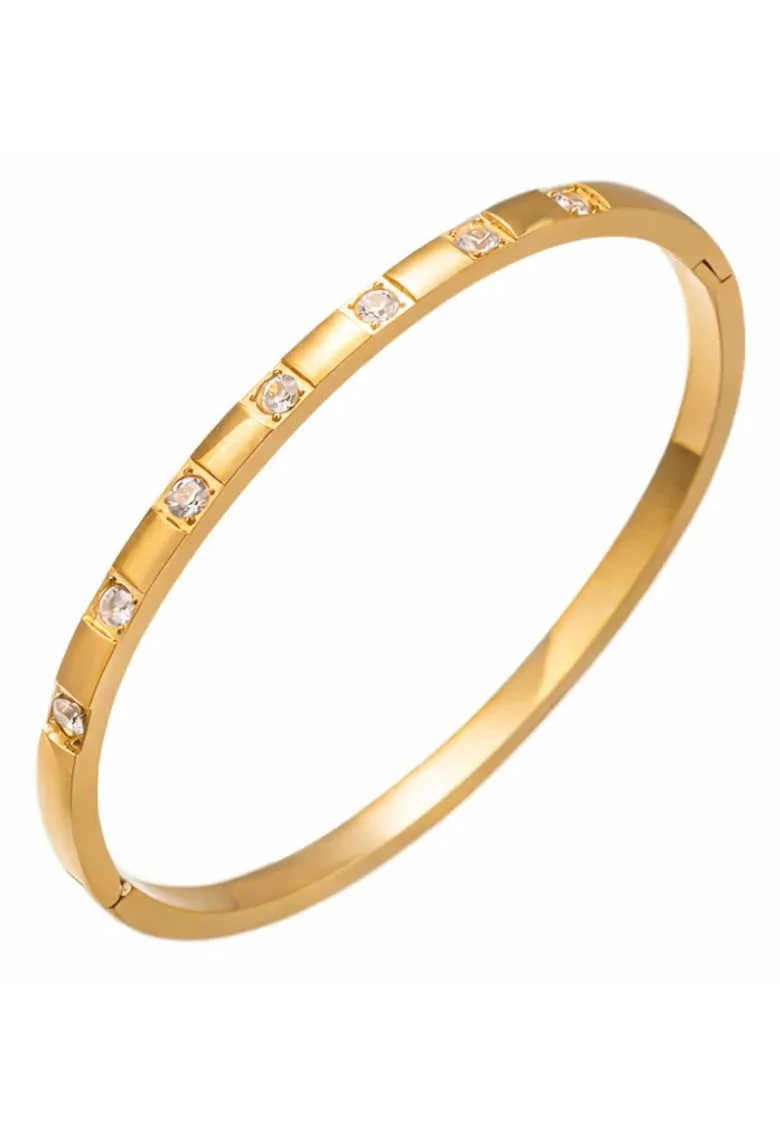 Bratara aurie, tip bangle, din otel inoxidabil, suflata cu aur 18k, cu zirconii, Dorelia C1