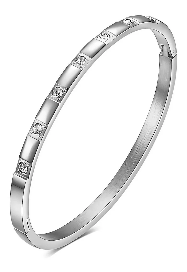 Bratara bangle,  inox suflat cu aur 18k, zirconii, silver, diametru 6cm