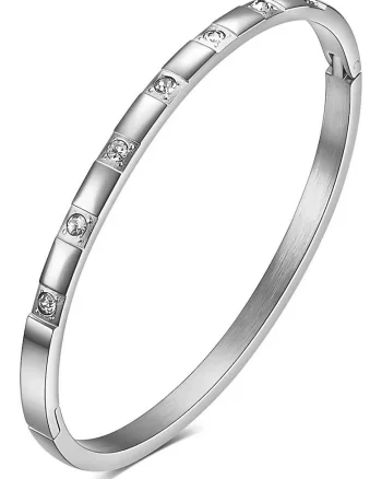 Bratara bangle,  inox suflat cu aur 18k, zirconii, silver, diametru 6cm