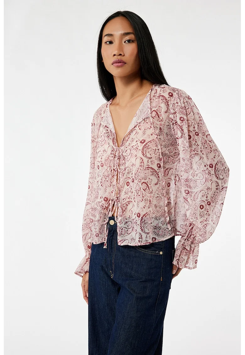 Bluza cu aspect semitransparent si model cu inchidere frontala, Piersica/Roz prafuit