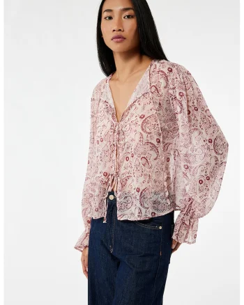 Bluza cu aspect semitransparent si model cu inchidere frontala, Piersica/Roz prafuit
