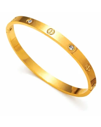 Bratara aurie, tip bangle, din otel inoxidabil, suflata cu aur 18k, cu zirconii, Miralya C1