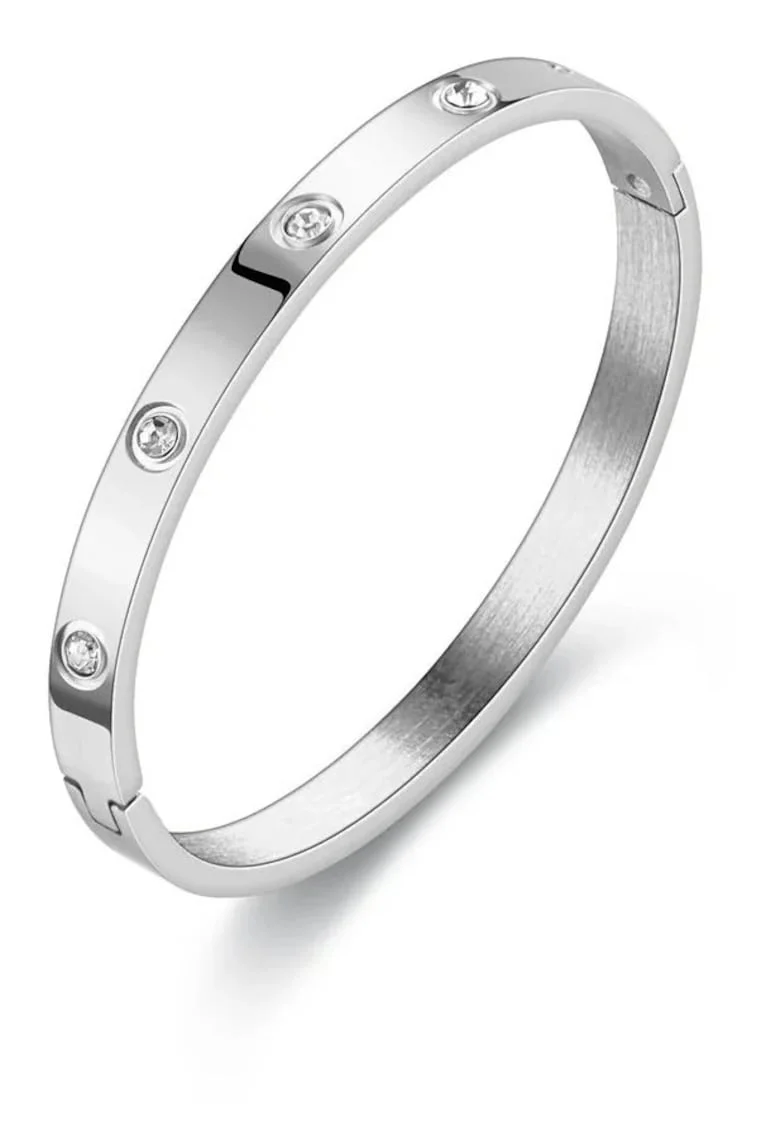 Bratara argintie, tip bangle, din otel inoxidabil, suflata cu aur 18k, cu zirconii, Virella C1