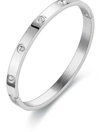 Bratara argintie, tip bangle, din otel inoxidabil, suflata cu aur 18k, cu zirconii, Virella C1