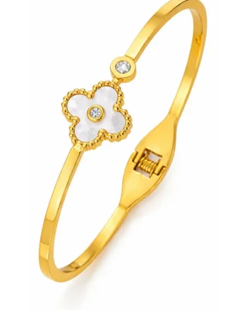 Brățară bangle,  aur 18k, zirconii, trifoi, 6cm