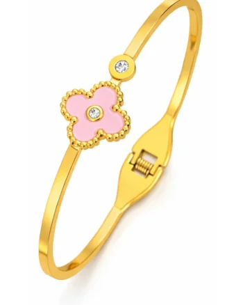 Brătară bangle,  inox suflat cu aur 18k, zirconii, trifoi, 6cm