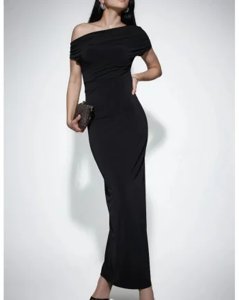 Rochie Maxi,  Slim Fit, Guler Asimetric, Negru, Poliester-Elastan