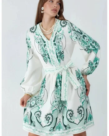 Rochie mini,  verde, casual, maneca lunga, decolteu in V, 70% poliester, 25% bumbac, 5% lycra