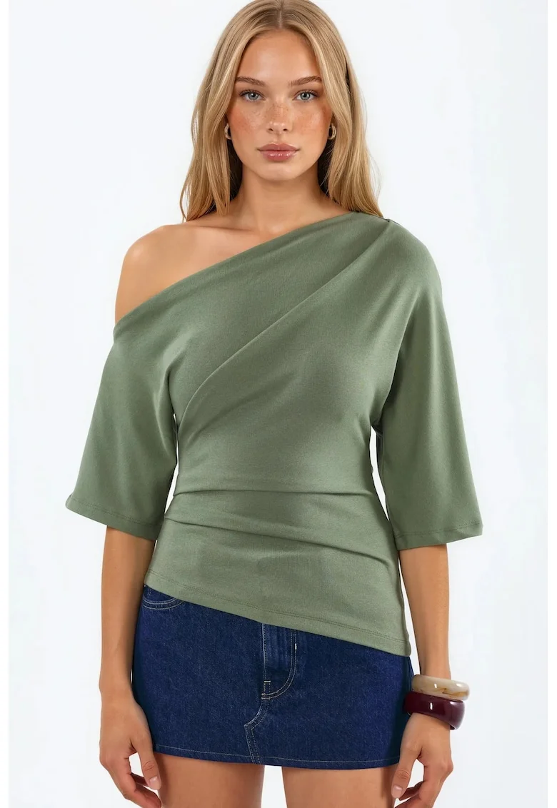 Bluza  tricotata, maneca scurta, decolteu barca, verde salvie, modal-bumbac-elastan