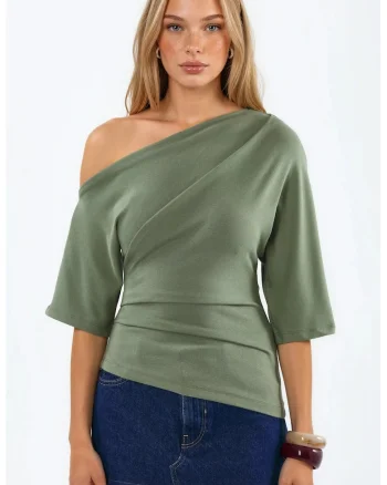 Bluza  tricotata, maneca scurta, decolteu barca, verde salvie, modal-bumbac-elastan
