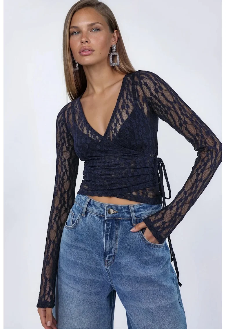 Bluza dama  Crop din Dantela, decolteu in V, detalii cu snur, albastru marin, poliester-elastan