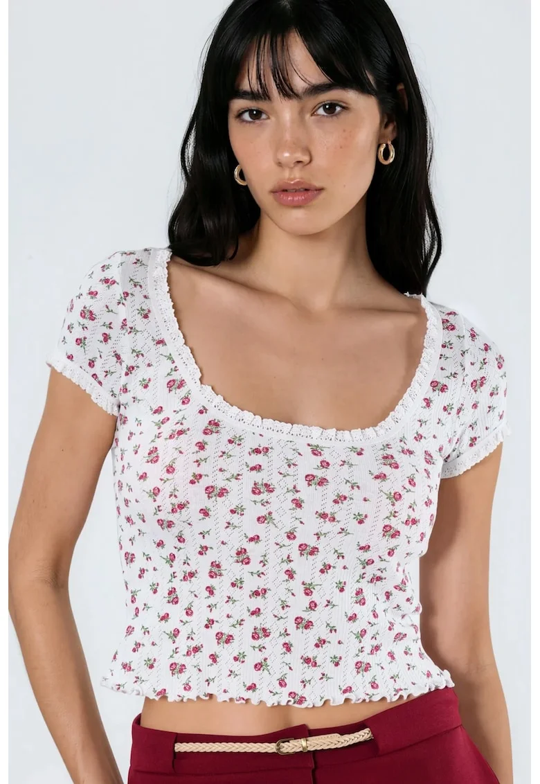 Tricou dama,  floral, alb, bumbac si poliester, maneca scurta, volanase