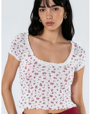 Tricou dama,  floral, alb, bumbac si poliester, maneca scurta, volanase