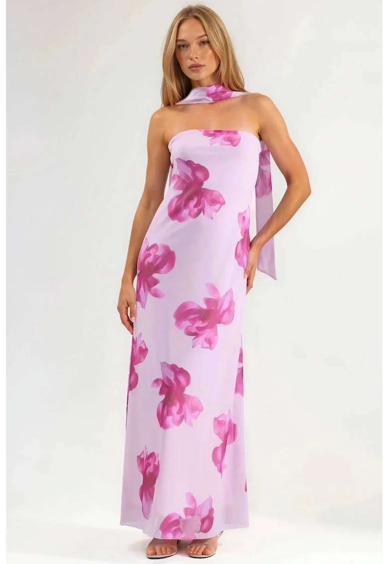 Rochie Maxi,  fara bretele, imprimeu floral, roz, tul