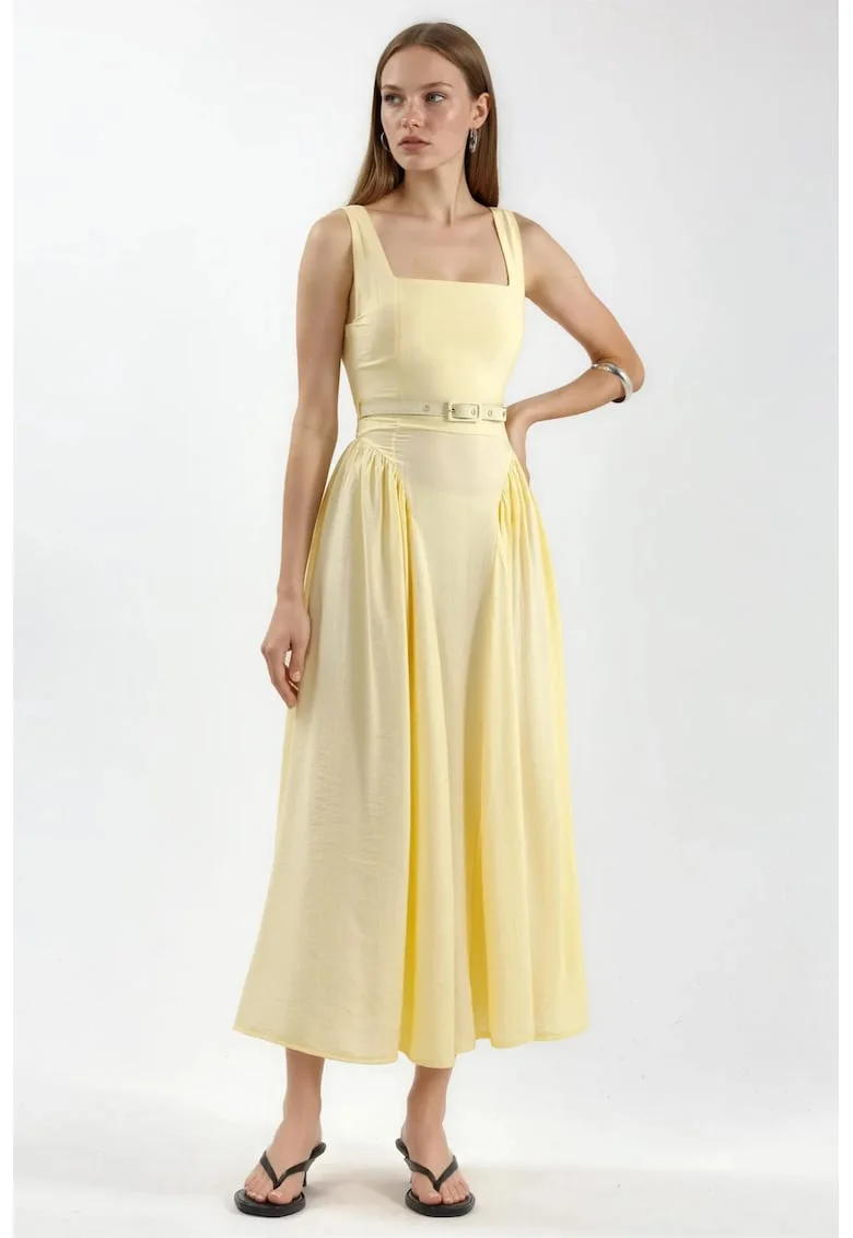 Rochie Midi  Galben Lamaie, Poliester, Fara Maneci, Decolteu Patrat