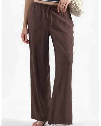 Pantaloni dama,  tesuti, picior larg, maro cafea, poliester