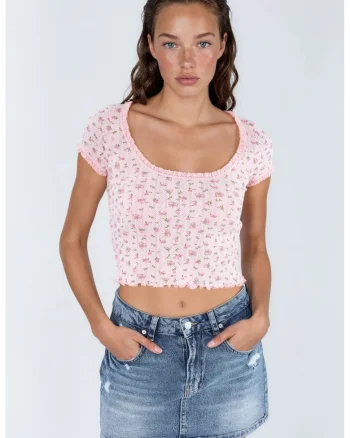 Tricou dama,  floral, roz pudra, maneca scurta, volanase, bumbac si poliester