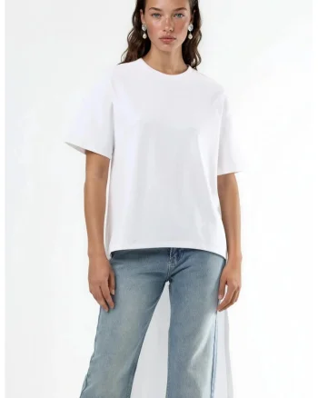 Bluza  tunica supradimensionata, maneci scurte, alb, bumbac cu elastan