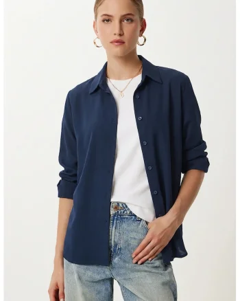 Camasa dama, Happiness Istanbul, poplin, maneca lunga, albastru marin, 100% viscoza