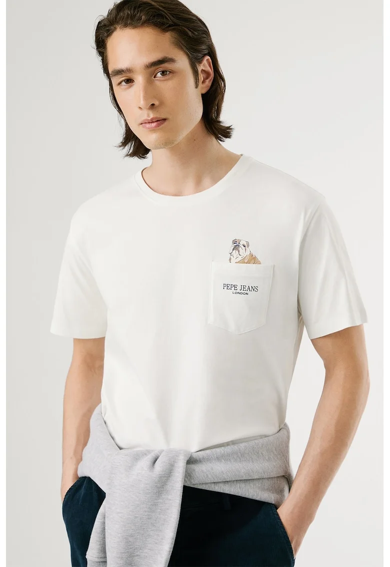 Tricou cu decolteu la baza gatului si buzunar pe piept, Alb murdar