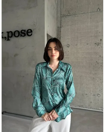 Camasa dama,  camasa cu imprimeu geometric, verde, 100% poliester, maneca lunga