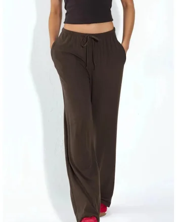 Pantaloni dama,  croiala larga, culoare maro cafea, material jerseu cu viscoza si elastan