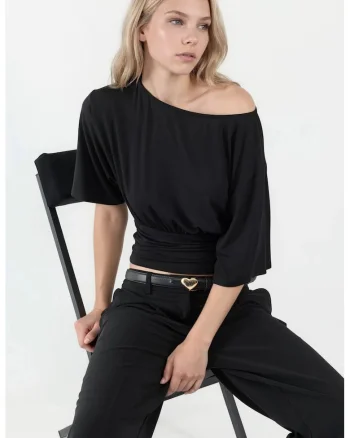 Bluza dama,  tricotata, guler asimetric, negru, viscoza-elastan
