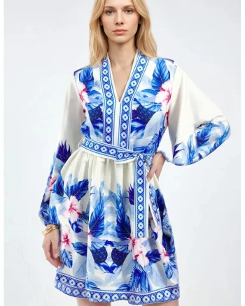 Rochie Mini,  Floral, Albastru, Poliester-Bumbac-Lycra
