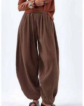 Pantaloni dama,  talie elastica, croiala larga, maro cafea, bumbac-elastan
