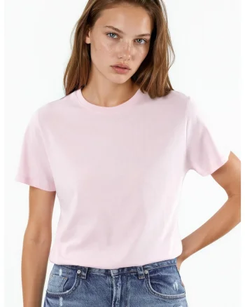 Tricou  bumbac, roz pudra, maneca scurta, guler rotund