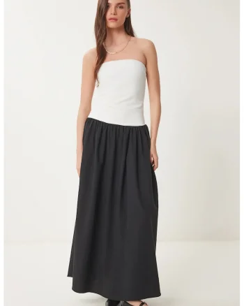 Rochie Maxi Fara Bretele Happiness Istanbul Color Blocked, Alb, Bumbac, Elegant