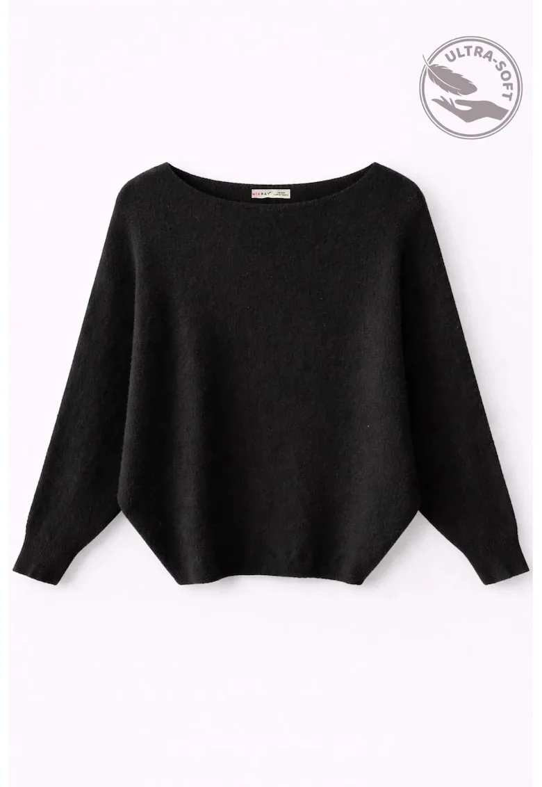 Pulover dama,  supradimensionat, cu guler barca, negru, tricotat, 94% poliester, 6% lana,