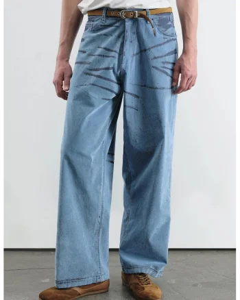 Blugi barbati,  Abstract Wide Leg, albastru, denim/bumbac
