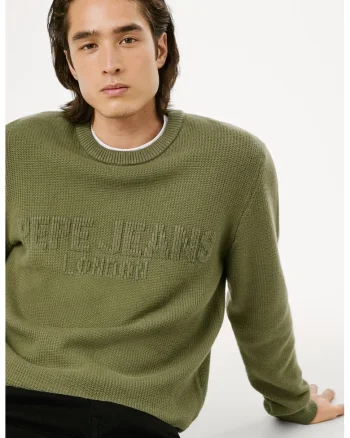 Pulover texturat cu logo in relief, Verde sparanghel