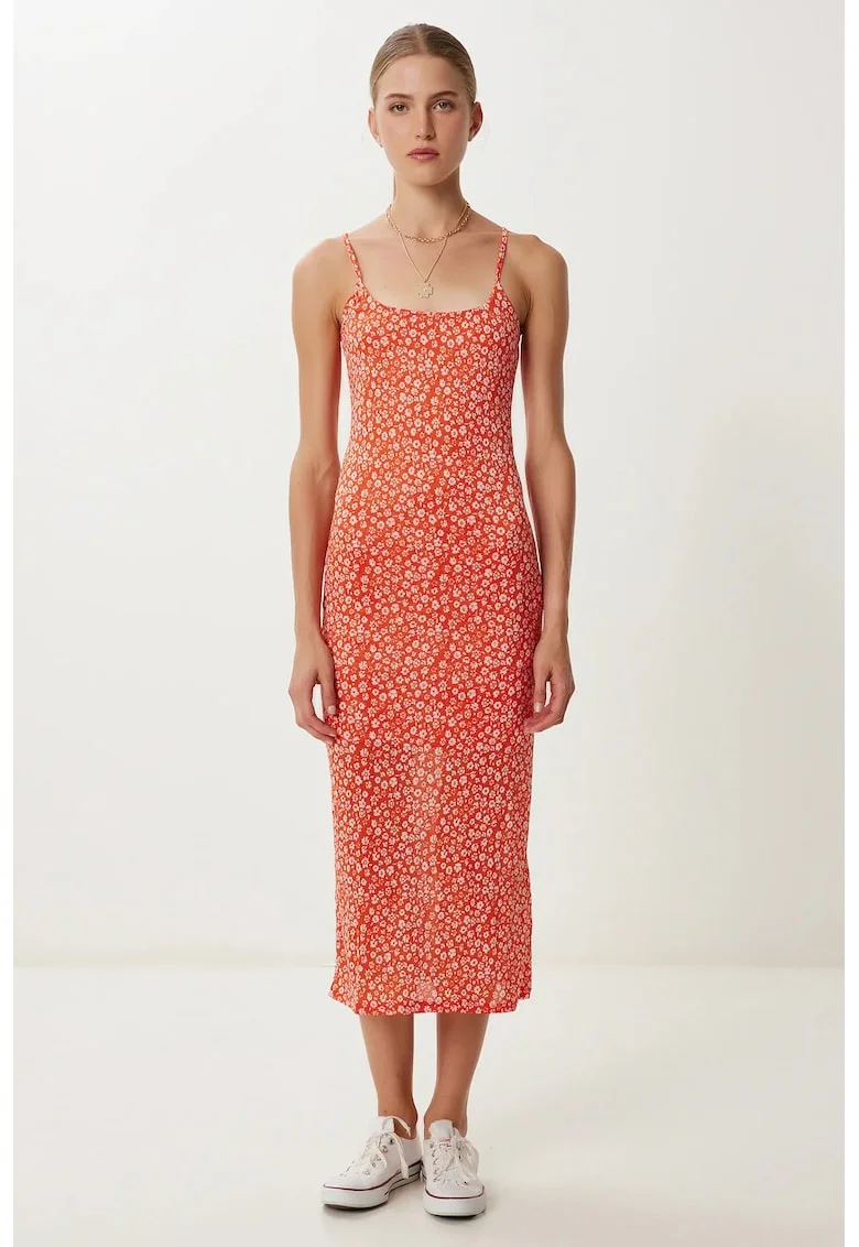 Rochie Midi Florala Fara Maneci Happiness Istanbul, Portocalie, Poliester-Elastan